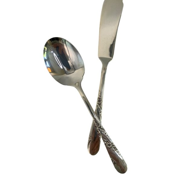 Bridal Wreath VTG 50s Oneida Tudor Plate Butter knife Jelly Spoon Set 7593 - Picture 3 of 6